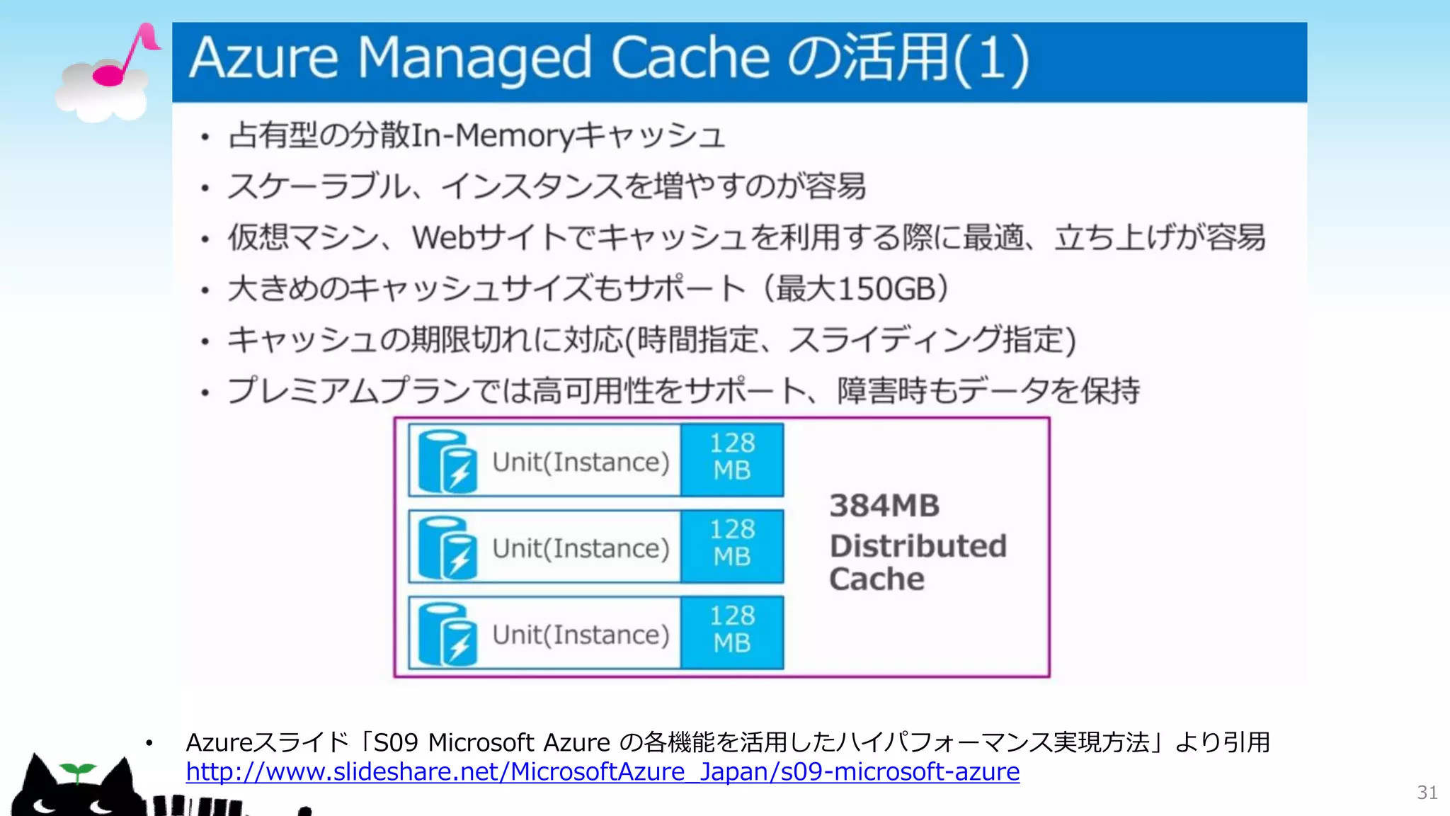 キャッシュ
• Azureスライド「S09 Microsoft Azure の各機能を活用したハイパフォーマンス実現方法」より引用
http://www.slideshare.net/MicrosoftAzure_Japan/s09-microsoft-azure
31
 