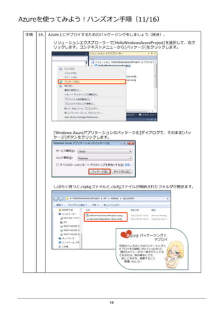 AzureʹäƤߤ褦ϥ󥺥혣11/16

    14.   AzureϤ˥ǥץ뤿Υѥå`󥰤򤷤ޤ礦A

             `󥨥ץ``[HelloWindowsAzureProject]xkơҥ
             åޤƥȥ˥`[ѥå`]򥯥åޤ




             [Windows Azureץꥱ`Υѥå`]ǡΤޤ[ѥ
             `]ܥ򥯥åޤ




             Ф餯Ĥ.cspkgե.cscfgե뤬{줿ե_ޤ




                                       Point ѥå`󥰤
                                                  ǥץ
                                     ؤΥϥ󥺥Ǥϥѥå`󥰤
                                     ǥץ2A˷֤Ƥ뤱ɡ
                                     [k ]˥`һ  Ȥ
                                     ǤΥ衣eΙCˤǤ
                                      ԇƤߥƥ͡ЄӤ뤳
                                       g`ʤ裡




                                14
 