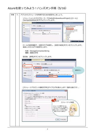 AzureʹäƤߤ褦ϥ󥺥혣5/16

    7.   ץ꤫饹ȥ`ä뤿O򤷤ޤ礦

            `󥨥ץ``[HelloWindowsAzureProject]-[`]-
            [SampleWebRole]֥륯åޤ




            `Oǡ[O]֤xk[O׷]ܥ򥯥åޤ
            ׷Ӥ ¤O򤷤ޤ

              ǰStorageConnectionString
              NӾA

            Oᡢ[]ܥ򥯥åޤ




                                                               եܥ




            [ȥ`ȽӾA          ]ʾޤǤ




                                           Point
                                                   ȥ`ؤνӾA

                                           ȥ`˽ӾAˤϡ
                                           ȥ`Ҫ͡
                                           ϥ`OȤ
                                           椷Ƥȥǥץ
                                             Ǥ뤫 ˥裡




                                     7
 