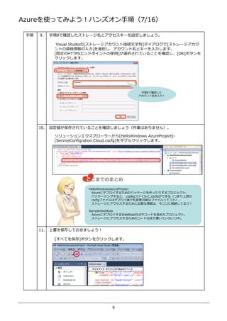 AzureʹäƤߤ褦ϥ󥺥혣7/16

    9.    8Ǵ_Jȥ`ȥ`Oޤ礦

              Visual Studio[ȥ`ȽӾA ][ȥ`
             Ȥ  ]xkȥ` ޤ
             [ȶHTTPSɥݥȤʹ]xkƤ뤳Ȥ_J[OK]ܥ
             åޤ




                                             8Ǵ_J
                                             




      10.   O椵Ƥ뤳Ȥ_Jޤ礦IϤޤ󣩡

             `󥨥ץ``[HelloWindows AzureProject]-
             [ServiceConfigration.Cloud.cscfg]֥륯åޤ




                        ޤǤΤޤȤ
                         HelloWindowsAzureProject
                          Azure˥ǥץ뤿Υѥå`äꤹץȡ
                          ѥå`󥰤ȡ.cspkgե.cscfgǤ루Ĥޤχ
                          cscfgեϥǥץǤ ܤʥեäƥȣ
                          ȥ`˥뤿˱Ҫϡ񥳥˸{Ƥ

                         SampleWebRole
                          Azure˥ǥץWebRoleUI䥳`ɤ򺬤᤿ץȡ
                          ȥ`˥뤿Υ`ɤϤޤƤʤ͡


      11.   ϕ椷Ƥޤ礦

             [٤Ƥ򱣴]ܥ򥯥åޤ




                                  9
 