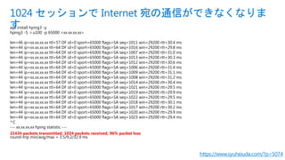 apt install hping3 -y
hping3 -S -i u100 -p 65000 <xx.xx.xx.xx>
len=46 ip=xx.xx.xx.xx ttl=57 DF id=0 sport=65000 flags=SA seq=1011 win=29200 rtt=30.4 ms
len=44 ip=xx.xx.xx.xx ttl=64 DF id=0 sport=65000 flags=SA seq=1016 win=29200 rtt=29.8 ms
len=44 ip=xx.xx.xx.xx ttl=64 DF id=0 sport=65000 flags=SA seq=1007 win=29200 rtt=31.0 ms
len=44 ip=xx.xx.xx.xx ttl=64 DF id=0 sport=65000 flags=SA seq=1013 win=29200 rtt=30.3 ms
len=44 ip=xx.xx.xx.xx ttl=64 DF id=0 sport=65000 flags=SA seq=1012 win=29200 rtt=30.6 ms
len=44 ip=xx.xx.xx.xx ttl=64 DF id=0 sport=65000 flags=SA seq=1006 win=29200 rtt=31.4 ms
len=44 ip=xx.xx.xx.xx ttl=64 DF id=0 sport=65000 flags=SA seq=1009 win=29200 rtt=31.1 ms
len=44 ip=xx.xx.xx.xx ttl=64 DF id=0 sport=65000 flags=SA seq=1008 win=29200 rtt=31.2 ms
len=44 ip=xx.xx.xx.xx ttl=64 DF id=0 sport=65000 flags=SA seq=1014 win=29200 rtt=30.4 ms
len=44 ip=xx.xx.xx.xx ttl=64 DF id=0 sport=65000 flags=SA seq=1021 win=29200 rtt=29.5 ms
len=44 ip=xx.xx.xx.xx ttl=64 DF id=0 sport=65000 flags=SA seq=1019 win=29200 rtt=29.9 ms
len=44 ip=xx.xx.xx.xx ttl=64 DF id=0 sport=65000 flags=SA seq=1022 win=29200 rtt=29.5 ms
len=44 ip=xx.xx.xx.xx ttl=64 DF id=0 sport=65000 flags=SA seq=1018 win=29200 rtt=30.1 ms
len=44 ip=xx.xx.xx.xx ttl=64 DF id=0 sport=65000 flags=SA seq=1017 win=29200 rtt=30.2 ms
len=44 ip=xx.xx.xx.xx ttl=64 DF id=0 sport=65000 flags=SA seq=1020 win=29200 rtt=29.9 ms
len=44 ip=xx.xx.xx.xx ttl=64 DF id=0 sport=65000 flags=SA seq=1023 win=29200 rtt=29.4 ms
^C
--- xx.xx.xx.xx hping statistic ---
21434 packets transmitted, 1024 packets received, 96% packet loss
round-trip min/avg/max = 3.5/9.2/32.9 ms
1024 セッションで Internet 宛の通信ができなくなりま
す
https://www.syuheiuda.com/?p=5074
 