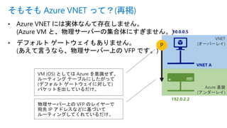 VNET
(オーバーレイ)
• Azure VNET には実体なんて存在しません。
(Azure VM と、物理サーバーの集合体にすぎません。)
• デフォルト ゲートウェイもありません。
(あえて言うなら、物理サーバー上の VFP です。)
そもそも Azure VNET って？(再掲)
Azure 基盤
(アンダーレイ)
192.0.2.2
10.0.0.5
VNET A
P
VM (OS) としては Azure を意識せず、
ルーティング テーブルにしたがって
(デフォルト ゲートウェイに対して)
パケットを出しているだけ。
物理サーバー上の VFP のレイヤーで
宛先 IP アドレスなどに基づいて
ルーティングしてくれているだけ。
 