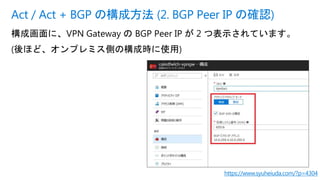 構成画面に、VPN Gateway の BGP Peer IP が 2 つ表示されています。
(後ほど、オンプレミス側の構成時に使用)
Act / Act + BGP の構成方法 (2. BGP Peer IP の確認)
https://www.syuheiuda.com/?p=4304
 
