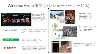 Windows Azure 事例 (コンシューマー サービス)
2011年に続き、2012 年も
mixi Christmas は
Windows Azure を 採用
250万会員が集中アクセス
するクラウド向きアプリ

即応性の高いクラウドベースのビッグ データ
ソリューションを使用して BI 情報をすばやく
配信

PHPやUnityなどを利用
したソーシャルアプリ、
iPhone/Androidアプリな
どの開発基盤として採
用

55万人の国内最大イベントであ
るコミックマーケットにて
「コミケ Web Catalogue」
の構築・運用を サポート

フィーチャーフォンの公式メニューや
スマートフォンから利用できる デコ
レーション メール サービス。

複数の映画会社と興行会社が参加する世界で
も初の試みとなる、映画観賞券の前売券購入
と座席予約ができるオンライン サービス

Docomo の動画配信プラットフォームで
ある、「dマーケット VIDEOストア」を
ご支援

 