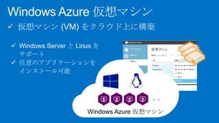 Windows Azure 仮想マシン
 仮想マシン (VM) をクラウド上に構築
 Windows Server と Linux を
サポート
 任意のアプリケーションを
インストール可能

・・

Windows Azure 仮想マシン

 