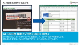 Copyright © Tokyo Electron Device LTD. All Rights Reserved. 17
AI-OCR 読み取り＋転送 デモ
AI-OCR用 撮影アプリ例 (OCR+RPA)
Windowsタブレットのカメラでラベルを撮影し、AIでラベルの文字を解析します。
読み取った文字は、Excelや外部アプリケーションに転送(入力)します。
 