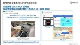 Copyright © Tokyo Electron Device LTD. All Rights Reserved. 32
採用事例 富士通フロンテック株式会社様
https://esg.teldevice.co.jp/iot/azure/case/case09.html
製造業様での AI-OCR 活用例
部品情報登録の作業工数を 1件あたり 10～30秒 削減！
 