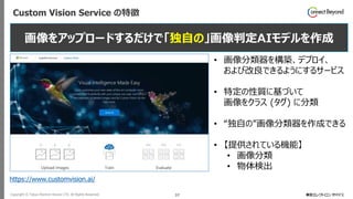 Copyright © Tokyo Electron Device LTD. All Rights Reserved. 37
Custom Vision Service の特徴
https://www.customvision.ai/
• 画像分類器を構築、デプロイ、
および改良できるようにするサービス
• 特定の性質に基づいて
画像をクラス (タグ) に分類
• “独自の”画像分類器を作成できる
• 【提供されている機能】
• 画像分類
• 物体検出
画像をアップロードするだけで「独自の」画像判定AIモデルを作成
 