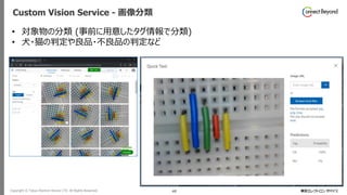 Copyright © Tokyo Electron Device LTD. All Rights Reserved. 40
Custom Vision Service - 画像分類
• 対象物の分類 (事前に用意したタグ情報で分類)
• 犬・猫の判定や良品・不良品の判定など
 