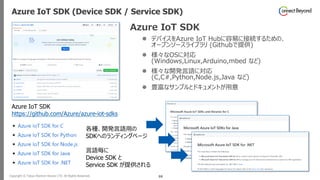Copyright © Tokyo Electron Device LTD. All Rights Reserved. 88
Azure IoT SDK (Device SDK / Service SDK)
Azure IoT SDK
⚫ デバイスをAzure IoT Hubに容易に接続するための、
オープンソースライブラリ (Githubで提供)
⚫ 様々なOSに対応
(Windows,Linux,Arduino,mbed など)
⚫ 様々な開発言語に対応
(C,C#,Python,Node.js,Java など)
⚫ 豊富なサンプルとドキュメントが用意
Azure IoT SDK
https://github.com/Azure/azure-iot-sdks
各種、開発言語用の
SDKへのランディングページ
言語毎に
Device SDK と
Service SDK が提供される
 
