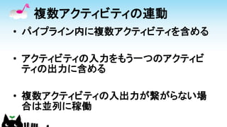 複数アクティビティの連動
• パイプライン内に複数アクティビティを含める
• アクティビティの入力をもう一つのアクティビ
ティの出力に含める
• 複数アクティビティの入出力が繋がらない場
合は並列に稼働
 