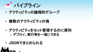 パイプライン
• アクティビティの論理的グループ
• 複数のアクティビティの塊
• アクティビティをセット管理するのに便利
– デプロイ、実行等を一塊にできる
• JSONでまとめられる
 