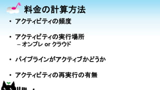 料金の計算方法
• アクティビティの頻度
• アクティビティの実行場所
– オンプレ or クラウド
• パイプラインがアクティブかどうか
• アクティビティの再実行の有無
 