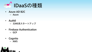 IDaaSの種類
• Azure AD B2C
– Azure
• Auth0
– 元MS系スタートアップ
• Firebase Authentication
– GCP
• Cognito
– AWS
 