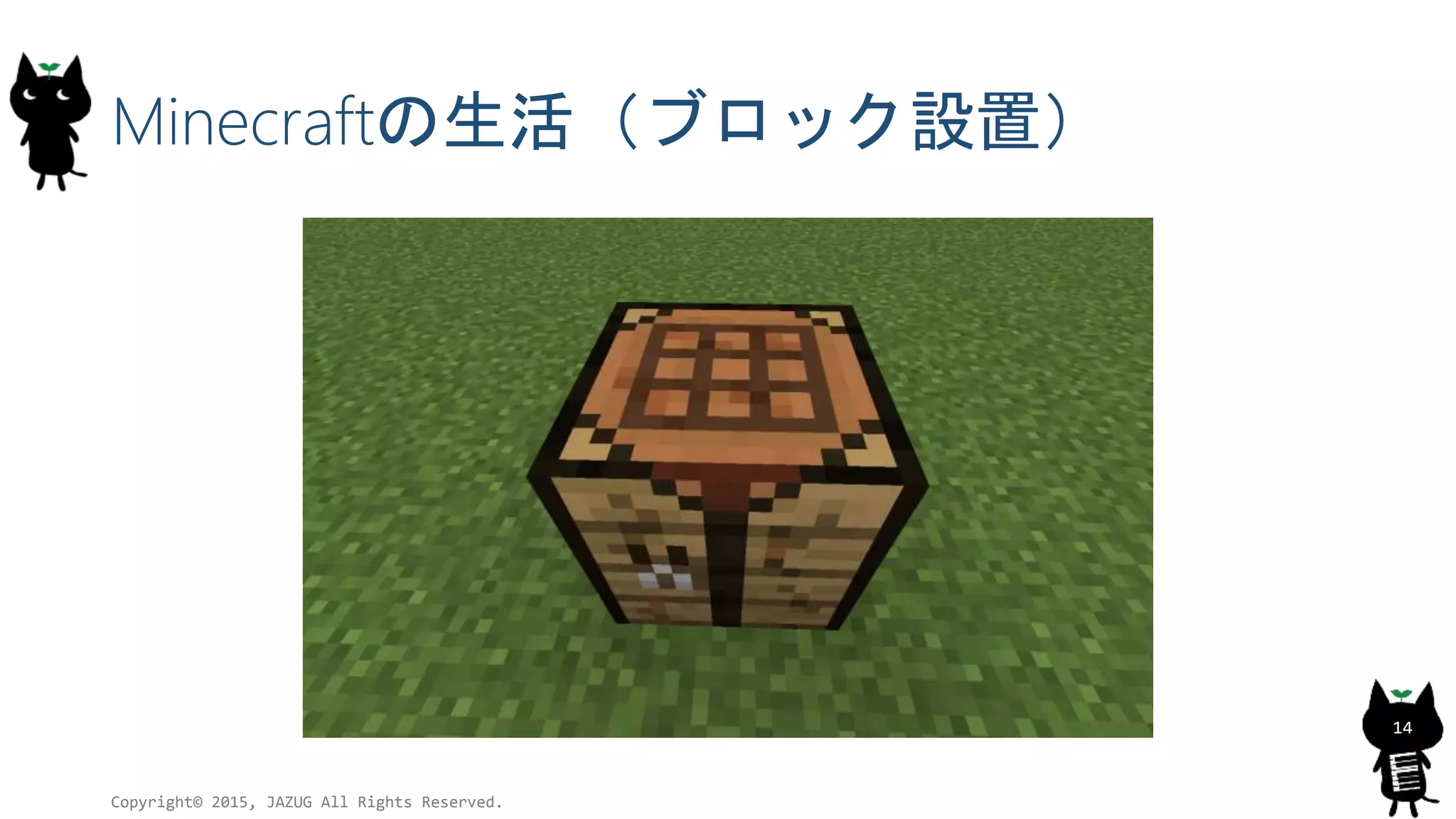 Minecraftの生活（ブロック設置）
Copyright© 2015, JAZUG All Rights Reserved.
14
 