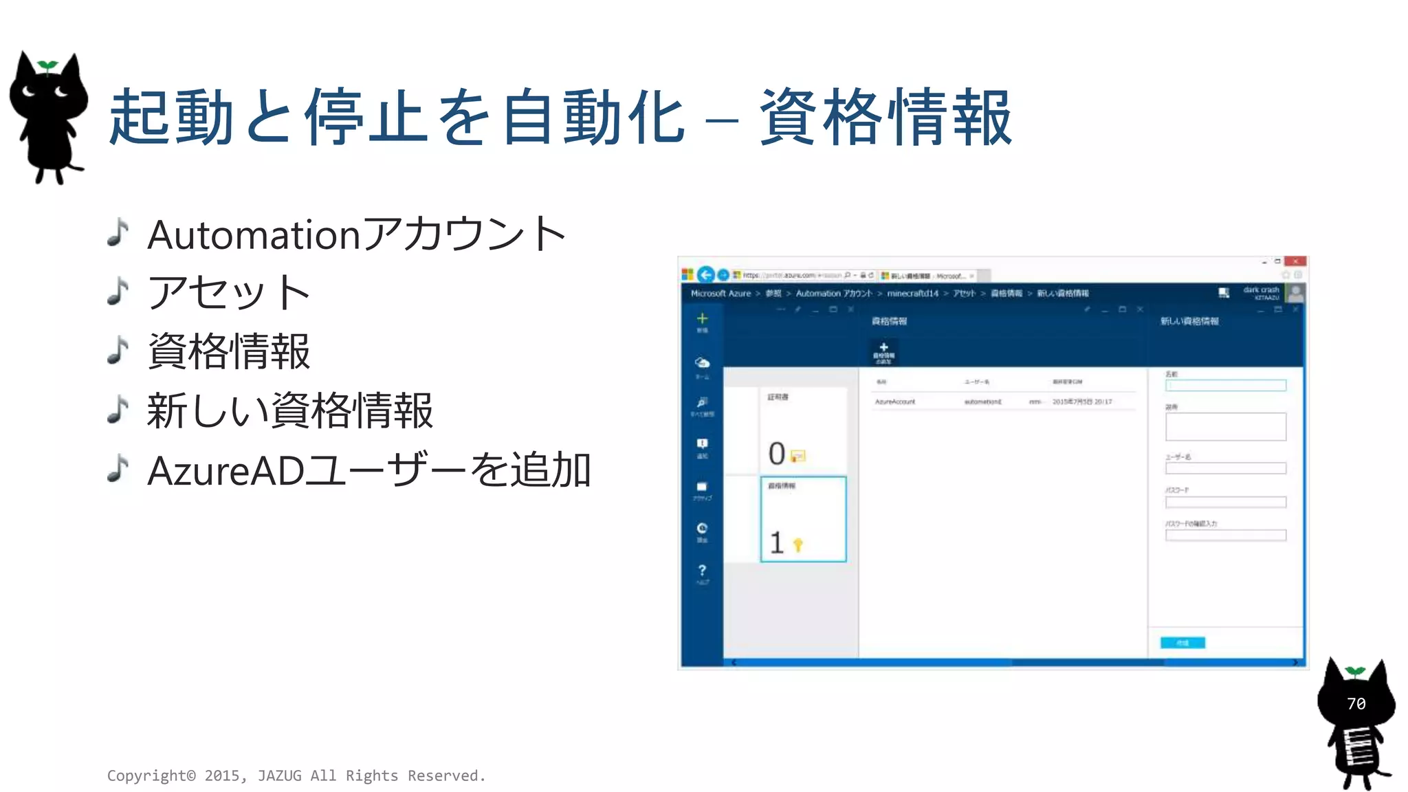 起動と停止を自動化 – 資格情報
Copyright© 2015, JAZUG All Rights Reserved.
70
Automationアカウント
アセット
資格情報
新しい資格情報
AzureADユーザーを追加
 
