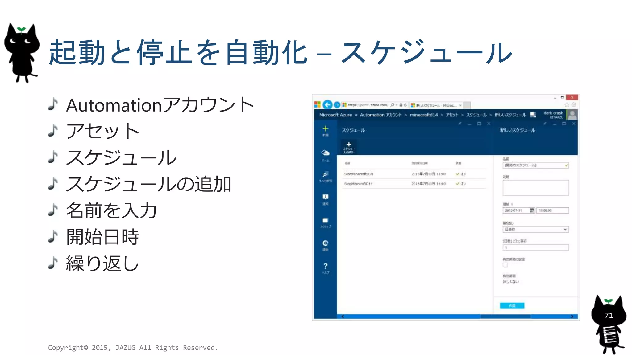 起動と停止を自動化 – スケジュール
Copyright© 2015, JAZUG All Rights Reserved.
71
Automationアカウント
アセット
スケジュール
スケジュールの追加
名前を入力
開始日時
繰り返し
 