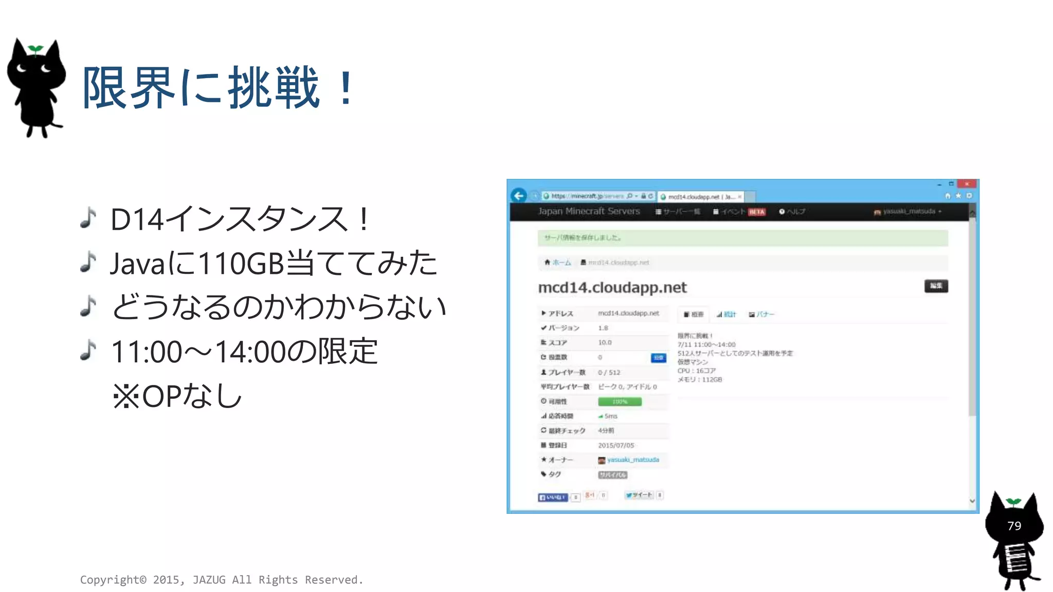 限界に挑戦！
D14インスタンス！
Javaに110GB当ててみた
どうなるのかわからない
11:00～14:00の限定
※OPなし
Copyright© 2015, JAZUG All Rights Reserved.
79
 