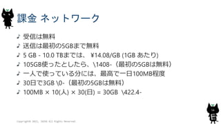 課金 ネットワーク
受信は無料
送信は最初の5GBまで無料
5 GB - 10.0 TBまでは、 ¥14.08/GB (1GB あたり)
105GB使ったとしたら、1408-（最初の5GBは無料）
一人で使っている分には、最高で一日100MB程度
30日で3GB 0-（最初の5GBは無料）
100MB × 10(人) × 30(日) = 30GB 422.4-
Copyright© 2015, JAZUG All Rights Reserved.
54
 