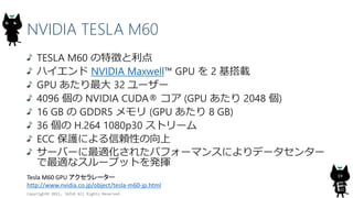 NVIDIA TESLA M60
TESLA M60 の特徴と利点
ハイエンド NVIDIA Maxwell™ GPU を 2 基搭載
GPU あたり最大 32 ユーザー
4096 個の NVIDIA CUDA® コア (GPU あたり 2048 個)
16 GB の GDDR5 メモリ (GPU あたり 8 GB)
36 個の H.264 1080p30 ストリーム
ECC 保護による信頼性の向上
サーバーに最適化されたパフォーマンスによりデータセンター
で最適なスループットを発揮
Copyright© 2015, JAZUG All Rights Reserved.
19Tesla M60 GPU アクセラレーター
http://www.nvidia.co.jp/object/tesla-m60-jp.html
 