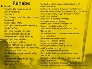 Yes, I've been black but when I come back you'll
 Rehab                                know, know, know
  They tried to make me go to          I ain't got the time and if my daddy thinks I'm fine
  rehab,but I said,                    He's tried to make me go to rehab,but I won't go, go, go
  "No, no, no"                         The man said, "Why do you think you're here?"
  Yes, I've been black but when I come I said, "I got no idea"
                                       I'm gonna, I'm gonna lose my baby
  back you'll                          So I always keep a bottle near
  know, know, know                     He said, "I just think you're depressed"
  I ain't got the time and if my daddy Kiss me, yeah baby and go rest"
  thinks I'm fine                      They tried to make me go to rehab,but I said,
  He's tried to make me go to          "No, no, no"
  rehab,but I won't go, go, go         Yes, I've been black but when I come back you'll
  I'd rather be at home with Ray       know, know, know
                                       I don't ever wanna drink again
  I ain't got seventy days
                                       I just, ooh, I just need a friend
  'Cause there's nothing,              I'm not gonna spend ten weeks
  There's nothing you can teach me     Have everyone think I'm on the mend
  That I can't learn from Mr. Hathaway And it's not just my pride
  I didn't get a lot in class          It's just 'til these tears have dried
  But I know we don't come in a shot They tried to make me go to rehab,but I said,
  glass                                "No, no, no"
  They tried to make me go to          Yes, I've been black and when I come back you'll
                                       know, know, know
  rehab,but I said,
                                       I ain't got the time and if my daddy thinks I'm fine
  "No, no, no“                         He's tried to make me go to rehab,but I won't go, go, go
 