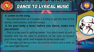 5. Listen to the song.
- You should listen to it maybe 2-3 time to get the feel of the
words, instruments, and the tempo.
6. Do your body a favor; before you dance, make sure
you stretch.
- This is a key part in getting better. You don't want to pull a
muscle and not be able to practice, so be sure to stretch
your arms, legs, neck, and maybe do some push-ups.
- If you plan on doing tricks, be sure to stretch extra well, so
you won't get injured
Dance to Lyrical Music
Dance to Lyrical Music
 