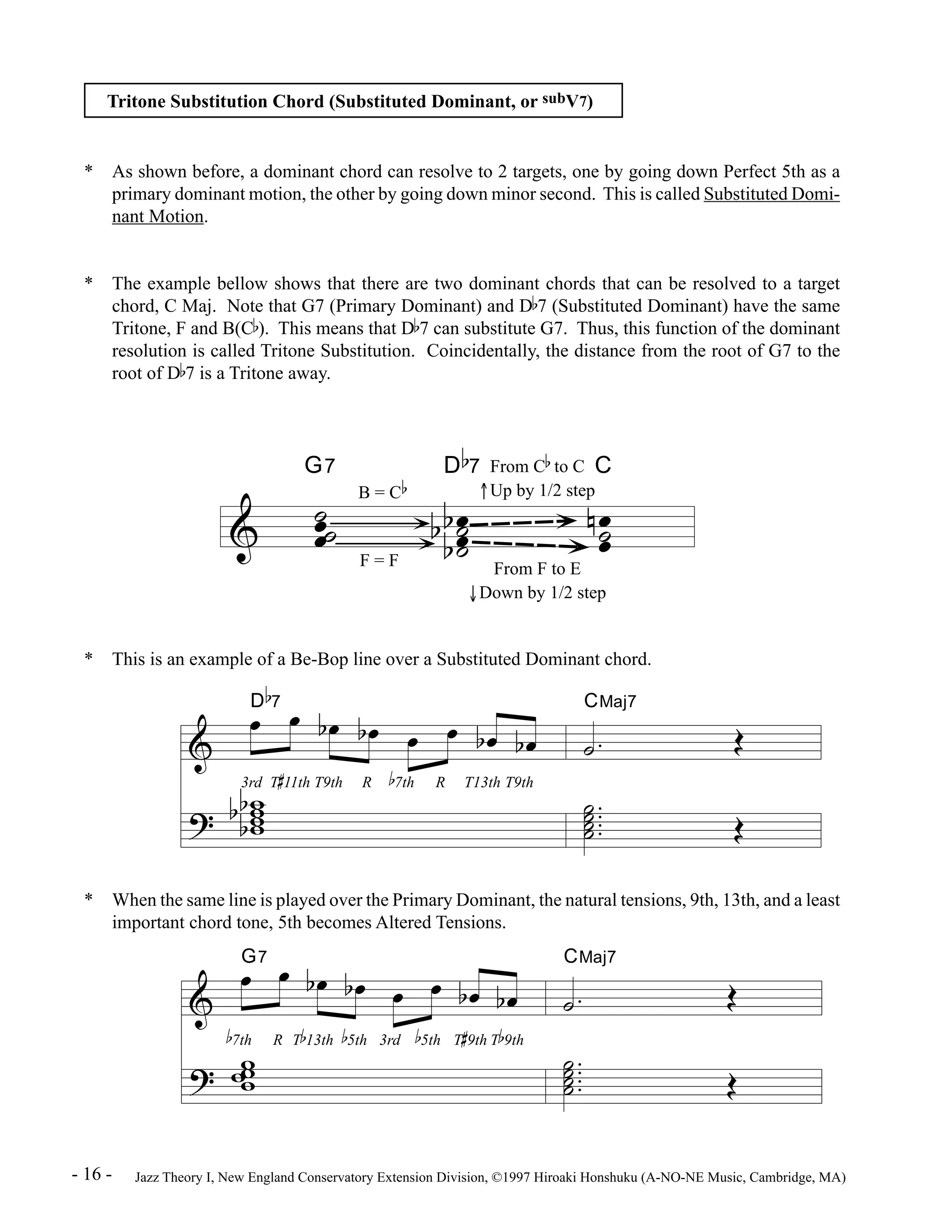 Tritone Substitution Chord (Substituted Dominant, or subV7) 
* As shown before, a dominant chord can resolve to 2 targets, one by going down Perfect 5th as a 
primary dominant motion, the other by going down minor second. This is called Substituted Domi-nant 
Motion. 
* The example bellow shows that there are two dominant chords that can be resolved to a target 
chord, C Maj. Note that G7 (Primary Dominant) and Db7 (Substituted Dominant) have the same 
Tritone, F and B(Cb). This means that Db7 can substitute G7. Thus, this function of the dominant 
resolution is called Tritone Substitution. Coincidentally, the distance from the root of G7 to the 
root of Db7 is a Tritone away. 
* This is an example of a Be-Bop line over a Substituted Dominant chord. 
& 
? 
* When the same line is played over the Primary Dominant, the natural tensions, 9th, 13th, and a least 
important chord tone, 5th becomes Altered Tensions. 
& 
? 
G7 D 
& Ï ú 
Ïú 
b 
7 C 
B = C Up by 1/2 step 
ú ÏÏú 
bb 
From C to C 
b Ï Ïú 
From F to E 
Down by 1/2 step 
F = F 
b 
D 
Ï 7 Ï bÏ bÏ Ï Ï bÏ bÏ 
ww ww 
bb 
# 
11th T9th R 
3rd T 
b 
7th R T13th T9th 
ÏG7 Ï bÏ bÏ Ï Ï bÏ bÏ 
b 
b 
7th R T 
ww w 
w 
n 
CMaj7 
ú . Î 
úú úú 
.... 
Î 
CMaj7 
ú . Î 
úú úú 
.... 
Î 
b 
13th 
b 
5th 3rd 
b 
5th T 
# 
9th T 
b 
9th 
- 16 - Jazz Theory I, New England Conservatory Extension Division, ©1997 Hiroaki Honshuku (A-NO-NE Music, Cambridge, MA) 
 