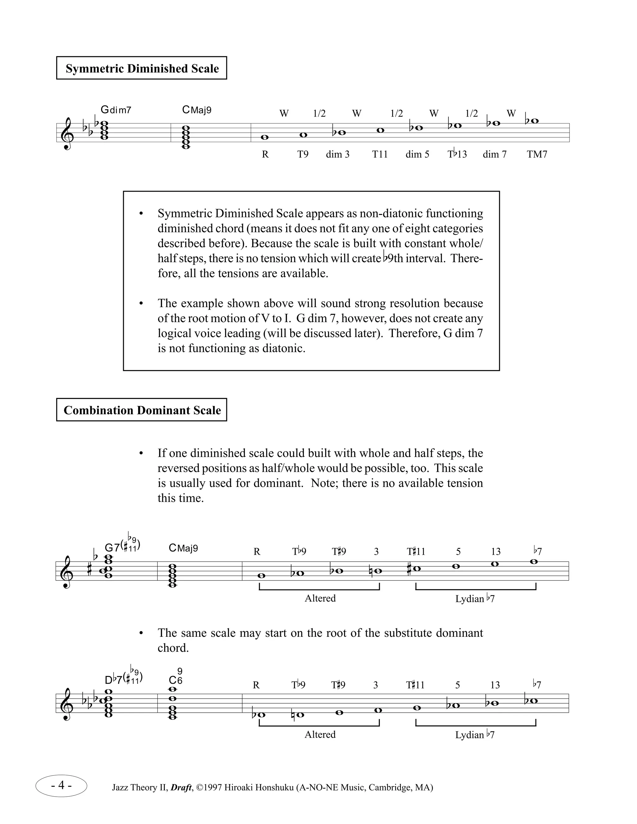 Symmetric Diminished Scale 
& 
& 
CMaj9 
ww ww 
w 
w w bw w W 1/2 W 1/2 bw W bw 1/2 bw W bw 
R T9 dim 3 T11 dim 5 T 
• Symmetric Diminished Scale appears as non-diatonic functioning 
• The example shown above will sound strong resolution because 
• If one diminished scale could built with whole and half steps, the 
b 
b b Gdim7 
ww ww 
b 
G7(# 
9) 11 
w 
ww ww 
b 
# 
diminished chord (means it does not fit any one of eight categories 
described before). Because the scale is built with constant whole/ 
half steps, there is no tension which will create b9th interval. There-fore, 
all the tensions are available. 
of the root motion of V to I. G dim 7, however, does not create any 
logical voice leading (will be discussed later). Therefore, G dim 7 
is not functioning as diatonic. 
reversed positions as half/whole would be possible, too. This scale 
is usually used for dominant. Note; there is no available tension 
this time. 
CMaj9 
w w bw bw nw #w w w w 
w ww w 
Altered Lydian 
7 
• The same scale may start on the root of the substitute dominant 
chord. 
b 
9) w 
bbbww 
- 4 - Jazz Theory II, Draft, ©1997 Hiroaki Honshuku (A-NO-NE Music, Cambridge, MA) 
b 
13 dim 7 TM7 
Combination Dominant Scale 
& 
D 
b 
7(# 
11 
w ww 
C 
96 
w 
w www 
b 
bw nw w w w bw bw bw 
Lydian 
b 
Altered 7 
R T 
b 
9 T 
# 
9 3 T # 
11 5 13 
b 
7 
R T 
b 
9 T 
# 
9 3 T # 
11 5 13 
b 
7 
 