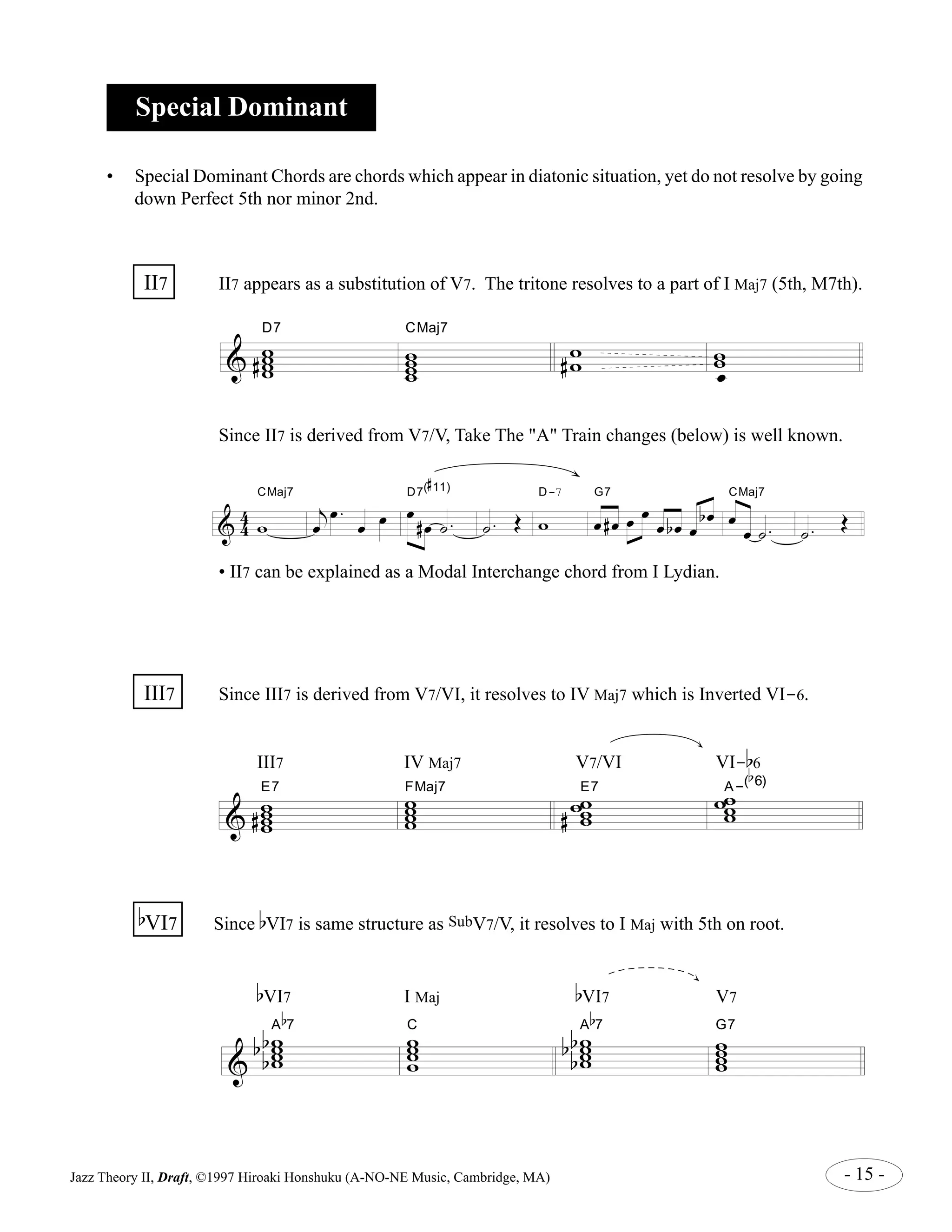 Special Dominant 
• Special Dominant Chords are chords which appear in diatonic situation, yet do not resolve by going 
down Perfect 5th nor minor 2nd. 
II7 II7 appears as a substitution of V7. The tritone resolves to a part of I Maj7 (5th, M7th). 
D7 
& w ww w 
ww & 4 
# 
CMaj7 
w ww w 
w w 
# oe 
Since II7 is derived from V7/V, Take The "A" Train changes (below) is well known. 
CMaj7 j 
4 
w 
oe 
oe . 
# 
11) 
D7( 
oe oe oe 
# oe ˙ . 
D-7 
˙ . OE w 
G7 
oe # oe oe oe 
oe b oe oe 
b oe 
CMaj7 
oe 
oe ˙ . 
˙ . 
OE 
• II7 can be explained as a Modal Interchange chord from I Lydian. 
III7 Since III7 is derived from V7/VI, it resolves to IV Maj7 which is Inverted VI-6. 
III7 IV Maj7 V7/VI VI-b 
E7 ww ww 
& w www 
# 
-( 
E7 ww 
FMaj7 ww 
#ww 
wwA 
6 
b 
6) 
b 
VI7 Since bVI7 is same structure as SubV7/V, it resolves to I Maj with 5th on root. 
& 
bVI7 I Maj 
b 
7 ww ww C 
ww ww 
bb 
b A 
bVI7 V7 
b 
7 ww ww 
ww ww 
bb 
b A 
G7 
Jazz Theory II, Draft, ©1997 Hiroaki Honshuku (A-NO-NE Music, Cambridge, MA) - 15 - 
 
