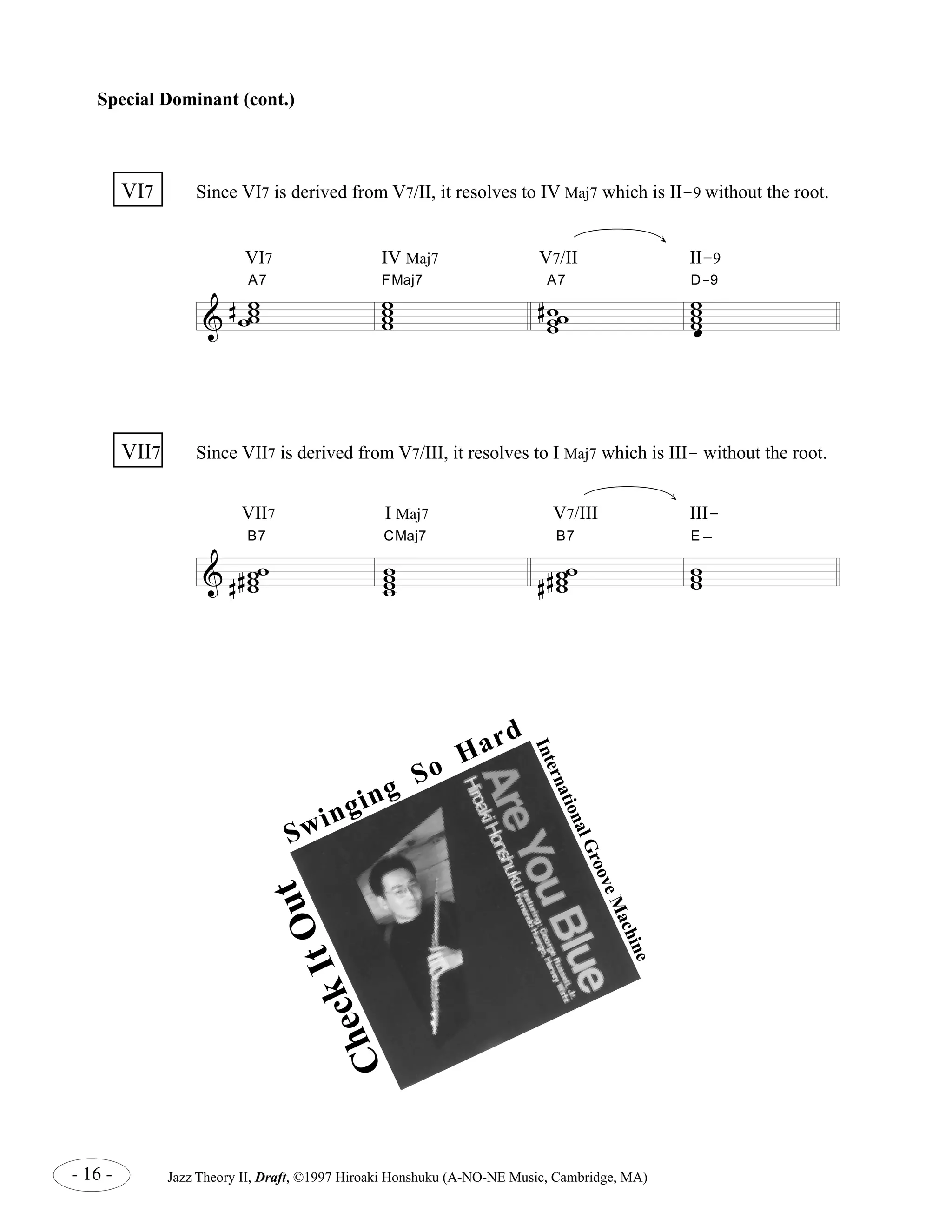 VI7 Since VI7 is derived from V7/II, it resolves to IV Maj7 which is II-9 without the root. 
& 
VI7 IV Maj7 V7/II II-9 
A7 ww ww 
w 
www 
# 
FMaj7 
A7 
# w 
w ww 
B7 
w ww 
# # 
I Maj7 V7/III III- 
CMaj7 
B7 
w ww 
# # 
Swinging So Hard 
- 16 - Jazz Theory II, Draft, ©1997 Hiroaki Honshuku (A-NO-NE Music, Cambridge, MA) 
D-9 
ww ww 
oe 
Special Dominant (cont.) 
VII7 Since VII7 is derived from V7/III, it resolves to I Maj7 which is III- without the root. 
& w 
w www 
w 
w ww E-VII7 
International Groove Machine 
Check It Out 
 