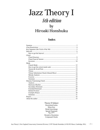 Jazz Theory I 
5th edition 
by 
Hiroaki Honshuku 
Index 
Notation ........................................................................................................... 2 
Class Restrictions ............................................................................................ 4 
Key Signature (the Circle of the 5th) .............................................................. 5 
Intervals ........................................................................................................... 6 
How to get the Interval ............................................................................... 7 
Chord 
Chord Structure .......................................................................................... 8 
Chord Tone & Tension ............................................................................... 9 
Inversion ................................................................................................... 10 
Mode 
Church Mode ............................................................................................ 12 
How to get the correct mode scale ........................................................... 13 
Tension & Avoid Note .............................................................................. 14 
Tritone ...................................................................................................... 15 
Tritone Substitution Chord (Altered Mixo) ............................................. 16 
Melody Analysis ...................................................................................... 18 
Exercise .................................................................................................... 19 
Summary .................................................................................................. 20 
Diatonic Functioning Chord .......................................................................... 21 
Analysis .................................................................................................... 22 
Harmonic Rhythm .................................................................................... 23 
Secondary Dominant ................................................................................ 24 
Extended Dominant .................................................................................. 26 
Related II minor ....................................................................................... 27 
Example (Peace) ...................................................................................... 28 
Summary .................................................................................................. 31 
Project ............................................................................................................ 32 
About the author ............................................................................................ 33 
Theory II Subject 
Diminished Scales 
Minor Key 
Modal Interchange 
Spec#ial Dominant 
IV-7(b5) 
Deceptive Resolution 
Compound Chords 
Jazz Theory I, New England Conservatory Extension Division, ©1997 Hiroaki Honshuku (A-NO-NE Music, Cambridge, MA) - 1 - 
 
