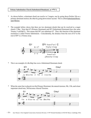 Tritone Substitution Chord (Substituted Dominant, or subV7) 
* As shown before, a dominant chord can resolve to 2 targets, one by going down Perfect 5th as a 
primary dominant motion, the other by going down minor second. This is called Substituted Domi-nant 
Motion. 
* The example bellow shows that there are two dominant chords that can be resolved to a target 
chord, C Maj. Note that G7 (Primary Dominant) and Db7 (Substituted Dominant) have the same 
Tritone, F and B(Cb). This means that Db7 can substitute G7. Thus, this function of the dominant 
resolution is called Tritone Substitution. Coincidentally, the distance from the root of G7 to the 
root of Db7 is a Tritone away. 
* This is an example of a Be-Bop line over a Substituted Dominant chord. 
& 
? 
* When the same line is played over the Primary Dominant, the natural tensions, 9th, 13th, and a least 
important chord tone, 5th becomes Altered Tensions. 
& 
? 
G7 D 
& Ï ú 
Ïú 
b 
7 C 
B = C Up by 1/2 step 
ú ÏÏú 
bb 
From C to C 
b Ï Ïú 
From F to E 
Down by 1/2 step 
F = F 
b 
D 
Ï 7 Ï bÏ bÏ Ï Ï bÏ bÏ 
ww ww 
bb 
# 
11th T9th R 
3rd T 
b 
7th R T13th T9th 
ÏG7 Ï bÏ bÏ Ï Ï bÏ bÏ 
b 
b 
7th R T 
ww w 
w 
n 
CMaj7 
ú . Î 
úú úú 
.... 
Î 
CMaj7 
ú . Î 
úú úú 
.... 
Î 
b 
13th 
b 
5th 3rd 
b 
5th T 
# 
9th T 
b 
9th 
- 16 - Jazz Theory I, New England Conservatory Extension Division, ©1997 Hiroaki Honshuku (A-NO-NE Music, Cambridge, MA) 
 