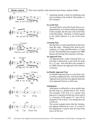 Melody Analysis 
C7 
* This is jazz specific, while classical music theory explains further. 
& 44 ä Ï Ï Ï b Ï Ï Ï Ï 
T9th R 3rd 7th T9th R 5th 
C7 
& 44 ä Ï Ï 
Ï b Ï Ï Ï Ï 
5th (4) 3rd 7th T9th R 5th 
C7 
1/2 step 
1/2 step 
& 44 ä Ï # Ï Ï b Ï n Ï Ï Ï 
T9th Pass.3rd 7th T9th 
R 5th 
C7 
1/2 step 
4 ä Ï #Ï Ï bÏ nÏ Ï Ï 
& 4 
5th App.3rd 7th T9th 
R 5th 
C7 
1/2 step 
1/2 step 
& 44 ä Ï Ï Ï nÏ b Ï Ï Ï 
T9th R 3rd W.App. R 5th 
W.App. 
C7 B7 
& 44 ä b Ï j 
Ï Ï Ï 
7th 7th T 13th 
C7 B7 
& 44 ä b Ï j 
Ï ä j 
Ï Ï 
7th 7th T 13th 5th 
* Analyzing melody is done by numbering each 
note according to the mode (C Mixolydian, in 
this example). 
An Avoid Note 
An Avoid Note is one of the Scale Notes as ex-plained 
before, so it will be marked accordingly. 
In this example, the 4th note is the Avoid Note 
to the Mixolydian. Therefore, it will be marked 
as (4), which indicates it is one of the Scale 
Notes. 
A Passing Note 
Passing Note is a note located between the notes 
from the mode. APassing Note must be pre-ceded 
by a 1/2 step, and followed by a 1/2 step 
as well. Note that D# in this example is not T#9th 
because the Passing Note function is obvious. 
An Approach Note 
An Approach Note , unlike a Passing Note, is a 
note that is followed by a note from the mode 
by a 1/2 step. Note that D# in this example is 
not T#9th because the Approach Note function 
is obvious. 
An Double Approach Note 
An Double Approach Note is a note that is fol-lowed 
by an Approach Note. Note that a Double 
Approach note must have the opposite direction 
of an Approach Note by a whole step. 
Anticipation 
Anticipation is defined by a value smaller than 
the beat value (i.e., Quarter Note in 4/4). In this 
first example, if the note A is a quarter note 
placed on 2 instead of an 8th note on the end of 
2, it becomes T13th against C7, and will be 
changed to b7th on beat 3 even though the note 
is tied over. 
The second example shows that the Anticipa-tion 
appears followed by a rest. It is easier if 
the imagination is used to hear the ring of the 
note over the rest. 
- 18 - Jazz Theory I, New England Conservatory Extension Division, ©1997 Hiroaki Honshuku (A-NO-NE Music, Cambridge, MA) 
 