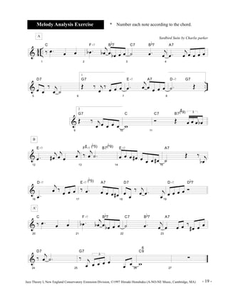 Melody Analysis Exercise * Number each note according to the chord. 
A 
& 44 .. 
1 
C 
ä Ï . Ï Ï 
2 
b Ï . j 
F-7 B 
b 
7 
bÏ Ï b Ï Ï Ï 
3 
C7 B 
b 
7 
Yardbird Suite by Charlie parker 
ú Ï. j 
Ï 
4 
A7 
Ï . 
j 
Ï Ï Ï Ï Ï 
D7 
1 
G7 
Î ä j 
j 
Ï Ï Ï Ï Ï 
E-7 A7 
G7 
D-7 
& .. 
5 
Ï Ï 
ä j 
Ï ú 
6 
Ï 
ä Ï Ï Ï 
7 
Ï . 
8 
ú . Î 
& 
9 
2 
Î ä j 
Ï Ï Ï Ï Ï 
G7 
10 
C 
w 
11 
C7 B7( 
î Î 
3 
Ï Ï Ï b Ï 
# 
9) 
B 
& 
12 
E-7 
Ï . 
j 
#Ï 
j 
Ï Ï 
j 
Ï 
13 
b 
5) B7( 
# 
-7 ( 
F 
ä j 
Ï ú . 
b 
9) 
14 
E-7 
Ï Ï Ï #Ï Ï Ï Ï # Ï 
15 
A7 
ú 
Î ä j 
b Ï 
& 
16 
D-7 
Ï . 
j 
Ï ä Ï Ï Ï 
17 
b 
5) A7 
E-7 ( 
ä Ï . Ï Ï Ï # Ï 
18 
D7 
Ï Ï 
ä j 
Ï Ï . j 
Ï 
19 
D-7 D 
Ï Ï Ï Ï î 
b 
7 
A' 
& 
20 
C 
ä Ï . Ï Ï 
21 
bÏ . j 
F-7 B 
b 
7 
b Ï Ï b Ï Ï Ï 
22 
C7 B 
b 
7 
ú Ï . j 
Ï 
23 
A7 
Ï Ï Ï ä 
# Ï Ï Ï 
& 
24 
D7 
ä j 
Ï ú . 
25 
G7 
ä j 
Ï 
3 
Ï Ï Ï Ï 
Ï Ï 
26 
6 
C9 
w 
27 
· 
Jazz Theory I, New England Conservatory Extension Division, ©1997 Hiroaki Honshuku (A-NO-NE Music, Cambridge, MA) - 19 - 
 