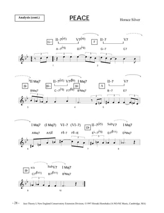 PEACE Horace Silver Analysis (cont.) 
& b b 
4 4 
G- F 
.. 
3 ä Ï Ï 
1 
II-7(b5) V7(b9) II-7 V7 
A-7( 
b 
5) 
3 Î Ï Ï 
b 
D7( 
9) 
Ï Ï Ï3 Ï 
2 
G-7 
Ï Ï3 Ï Ï 
C7 
Ï . 
J Ï 
Bb Bb Bb 
& b b 
3 
b 
II Maj7 II-7(b5) V7( 
BMaj7 
3 
Ï bÏ b Ï Ï 
C-7( 
b 
5) 
Ï 
# 
9) I Maj7 II-7 V7 
# 
F7( 
9) 
Ï 
4 
b 
B 
Maj7 
ú . 
A 
3 ä 
Ï n Ï 
5 
B-7 
3 
# Ï Ï Ï 
E7 
Ï 
3 
Ï n Ï Ï 
& b b 
6 
- 
I Maj7 (I Maj7) VI-7 (VI-7) II-7(b5) SubV7 I Maj7 
AMaj7 
# Ï n Ï 
# 
A/G 
Ï n Ï 
# 
F 
-7 
# Ï 
F 
# 
-/E 
3 Ï Ï Ï 
Db 
7 
E 
b 
5) 
3 
b 
-7( 
# Ï n Ï Ï 
D7( 
# 
11) 
b Ï Ï 
8 
b 
D 
Maj7 
bú . Î 
n/a SubV7 I Maj7 
C7( 
# 
11) 
3 
B7( 
# 
11) 
b 
B 
Maj7 
ú . Î 
Bb 
& b b .. 
9 
bÏ b Ï Ï 
Ï Ï 
10 
- 28 - Jazz Theory I, New England Conservatory Extension Division, ©1997 Hiroaki Honshuku (A-NO-NE Music, Cambridge, MA) 
 