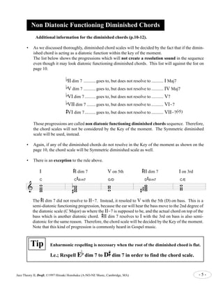 Non Diatonic Functioning Diminished Chords 
Additional information for the diminished chords (p.10-12). 
• As we discussed thoroughly, diminished chord scales will be decided by the fact that if the dimin-ished 
chord is acting as a diatonic function within the key of the moment. 
The list below shows the progressions which will not create a resolution sound in the sequence 
even though it may look diatonic functioning diminished chords. This list will against the list on 
page 10. 
b 
II dim 7 ........... goes to, but does not resolve to ........... I Maj7 
b 
V dim 7 ........... goes to, but does not resolve to ........... IV Maj7 
b 
VI dim 7 .......... goes to, but does not resolve to ........... V7 
b 
VII dim 7 ........ goes to, but does not resolve to ........... VI-7 
# 
VI dim 7 .......... goes to, but does not resolve to ........... VII-7(b5) 
Those progressions are called non diatonic functioning diminished chords sequence. Therefore, 
the chord scales will not be considered by the Key of the moment. The Symmetric diminished 
scale will be used, instead. 
• Again, if any of the diminished chords do not resolve in the Key of the moment as shown on the 
page 10, the chord scale will be Symmetric diminished scale as well. 
• There is an exception to the rule above. 
& 
I 
C 
w ww w 
# 
I dim 7 V on 5th 
C 
w ww w 
b# 
# 
dim7 
w wwG/D 
# 
II dim 7 I on 3rd 
D 
w ww w 
# # 
# 
dim7 
C/E 
w ww 
The 
# 
I dim 7 did not resolve to II-7. Instead, it resoled to V with the 5th (D) on bass. This is a 
semi-diatonic functioning progression, because the ear will hear the bass move to the 2nd degree of 
the diatonic scale (C Major) as where the II-7 is supposed to be, and the actual chord on top of the 
bass which is another diatonic chord. 
# 
II dim 7 resolves to I with the 3rd on bass is also semi-diatonic 
for the same reason. Therefore, the chord scale will be decided by the Key of the moment. 
Note that this kind of progression is commonly heard in Gospel music. 
Tip Enharmonic respelling is necessary when the root of the diminished choed is flat. 
b 
dim 7 to D 
I.e.; Respell E 
# 
dim 7 in order to find the chord scale. 
Jazz Theory II, Draft, ©1997 Hiroaki Honshuku (A-NO-NE Music, Cambridge, MA) - 5 - 
 