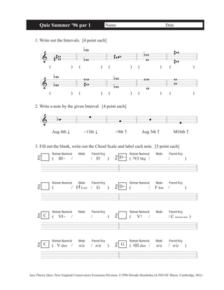 Quiz Summer '96 par 1 Name Date 
1. Write out the Intervals. [4 point each] 
& w w 
# # 
b 
w 
# 
b w 
ww w w 
b 
#w 
# 
w 
& 
( ) ( ) ( ) ( ) ( ) 
w 
w 
b 
b 
ww 
‹# 
b 
w 
b w 
w 
‹w w 
w 
( ) ( ) ( ) ( ) ( ) 
2. Write a note by the given Interval. [4 point each] 
& b oe oe 
oe oe oe 
Aug 4th ↓ -13th ↓ -9th ↑ Aug 5th ↑ M16th ↑ 
3. Fill out the blank, write out the Chord Scale and label each note. [5 point each] 
Roman Numeral Mode Parent Key 
( III- / / Eb ) 
Roman Numeral Mode Parent Key 
E b 
- 
( bVI Maj / / ) Key 
Key 
Roman Numeral Mode Parent Key 
( / F 
# 
Loc / G ) 
Roman Numeral Mode Parent Key 
D- ( / F Ion / ) 
Key 
Key 
Roman Numeral Mode Parent Key 
( VI- / / ) 
Roman Numeral Mode Parent Key 
( V7 / / ) 
Key 
C Key 
C Harmonic minor 
Roman Numeral Mode Parent Key 
( V dim / n/a / n/a ) 
Roman Numeral Mode Parent Key 
( bIII dim / n/a / n/a ) 
Key 
C G 
Key 
Jazz Theory Quiz, New England Conservatory Extension Division, ©1996 Hiroaki Honshuku (A-NO-NE Music, Cambridge, MA) 
 
