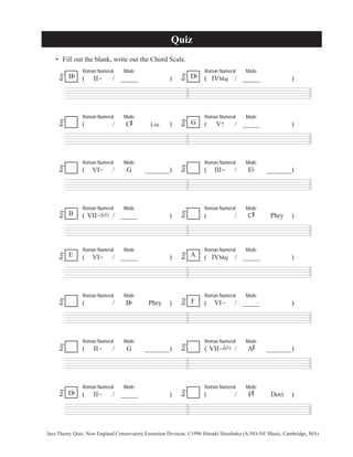 Quiz 
• Fill out the blank, write out the Chord Scale. 
Roman Numeral Mode 
( II- / _____ ) 
Roman Numeral Mode 
D ( IVMaj / _____ ) b 
Key 
Key 
Roman Numeral Mode 
# 
( / C 
Loc ) 
Roman Numeral Mode 
G ( V7 / _____ ) 
Key 
Key 
Roman Numeral Mode 
( VI- / G _______) 
Key 
Key 
Roman Numeral Mode 
( VII-(b5) / _____ ) 
Roman Numeral Mode 
( III- / Eb _______) 
Roman Numeral Mode 
# 
( / C 
Phry ) 
Key 
Key 
Bb 
B 
Roman Numeral Mode 
( VI- / _____ ) 
Roman Numeral Mode 
A ( IVMaj / _____ ) 
Key 
Key 
Roman Numeral Mode 
( / Bb Phry ) 
Roman Numeral Mode 
F ( VI- / _____ ) 
Key 
Key 
Roman Numeral Mode 
( II- / G _______) 
Key 
Key 
Roman Numeral Mode 
( II- / _____ ) 
Roman Numeral ( VII-(bMode 
# 
5) / A 
Roman Numeral Mode 
# 
( / F 
_______) 
Dori ) 
Key 
Key 
E 
Db 
Jazz Theory Quiz, New England Conservatory Extension Division, ©1996 Hiroaki Honshuku (A-NO-NE Music, Cambridge, MA) 
 