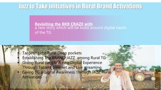 Jazz to Take initiatives in Rural Brand Activations
Revisiting the BKB CRAZE with
a new story which will be build around digital needs
of the TG
 Targeting the Rural Deep pockets
 Establishing The BRAND JAZZ among Rural TG
 Giving Rural people A new Digital Experience
Through Tablets, Internet and Live streaming
 Giving TG a digital Awareness Through JAZZ Rural
Activations
 