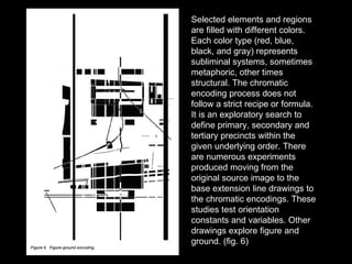 Selected elements and regions are filled with different colors. Each color type (red, blue, black, and gray) represents subliminal systems, sometimes metaphoric, other times structural. The chromatic encoding process does not follow a strict recipe or formula. It is an exploratory search to define primary, secondary and tertiary precincts within the given underlying order. There are numerous experiments produced moving from the original source image to the base extension line drawings to the chromatic encodings. These studies test orientation constants and variables. Other drawings explore figure and ground. (fig. 6) 