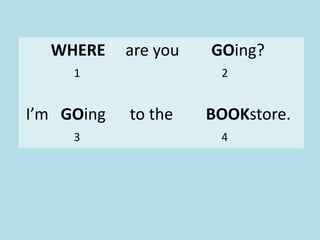 WHERE are you GOing?
1 2
I’m GOing to the BOOKstore.
3 4
 