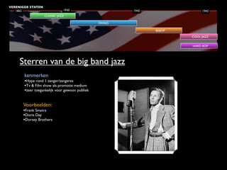 VERENIGDE STATEN
   1865                       1930                      1940                1945
                   CLASSIC JAZZ

                                                SWING

                                                               BEBOP
                                                                       COOL JAZZ

                                                                       HARD BOP




     Sterren van de big band jazz
       kenmerken
       •Hype rond 1 zanger/zangeres
       •Tv & Film show als promotie medium
       •zeer toegankelijk voor gewoon publiek

      Voorbeelden:
      •Frank Sinatra
      •Doris Day
      •Dorsey Brothers
 