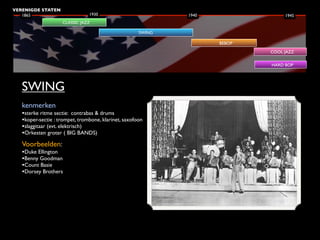 VERENIGDE STATEN
   1865                         1930                          1940                1945
                    CLASSIC JAZZ

                                                      SWING

                                                                     BEBOP
                                                                             COOL JAZZ

                                                                             HARD BOP




   SWING
   kenmerken
   •sterke ritme sectie: contrabas & drums
   •koper-sectie : trompet, trombone, klarinet, saxofoon
   •slaggitaar (evt. elektrisch)
   •Orkesten groter ( BIG BANDS)
   Voorbeelden:
   •Duke Ellington
   •Benny Goodman
   •Count Basie
   •Dorsey Brothers
 