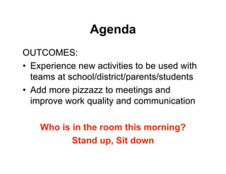 Agenda
OUTCOMES:
• Experience new activities to be used with
teams at school/district/parents/students
• Add more pizzazz to meetings and
improve work quality and communication
Who is in the room this morning?
Stand up, Sit down
 