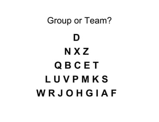 Group or Team?
D
N X Z
Q B C E T
L U V P M K S
W R J O H G I A F
 