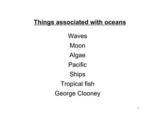 Things associated with oceans
Waves
Moon
Algae
Pacific
Ships
Tropical fish
George Clooney
33
 