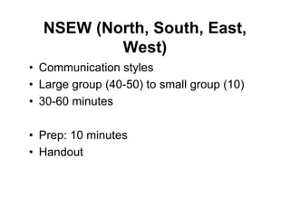NSEW (North, South, East,
West)
• Communication styles
• Large group (40-50) to small group (10)
• 30-60 minutes
• Prep: 10 minutes
• Handout
 