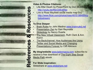 References & Resources

Video & Photos Citations:
• Life After Death by PowerPoint by Don McMillan
http://youtu.be/MjcO2Ex...