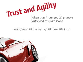 dAgi lity
Tr ust an
                When trust is present, things move
                faster, and costs are lower.

  Lack of Trust => Bureocracy => Time => Cost
 