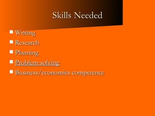 Skills Needed <ul><li>Writing </li></ul><ul><li>Research </li></ul><ul><li>Planning </li></ul><ul><li>Problem-solving </li...